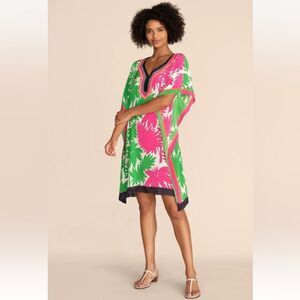 Trina Turk Pink and Green 100% silk kaftan summer dress, XS-S